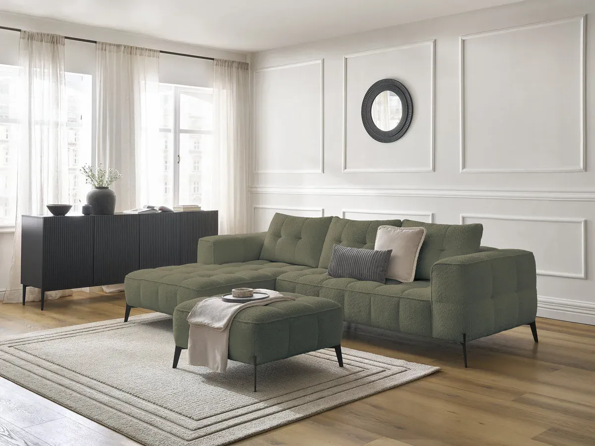 Canapé d'angle fixe ANIS tissu bouclette avec pouf vert  angle gauche BOBOCHIC 3 places