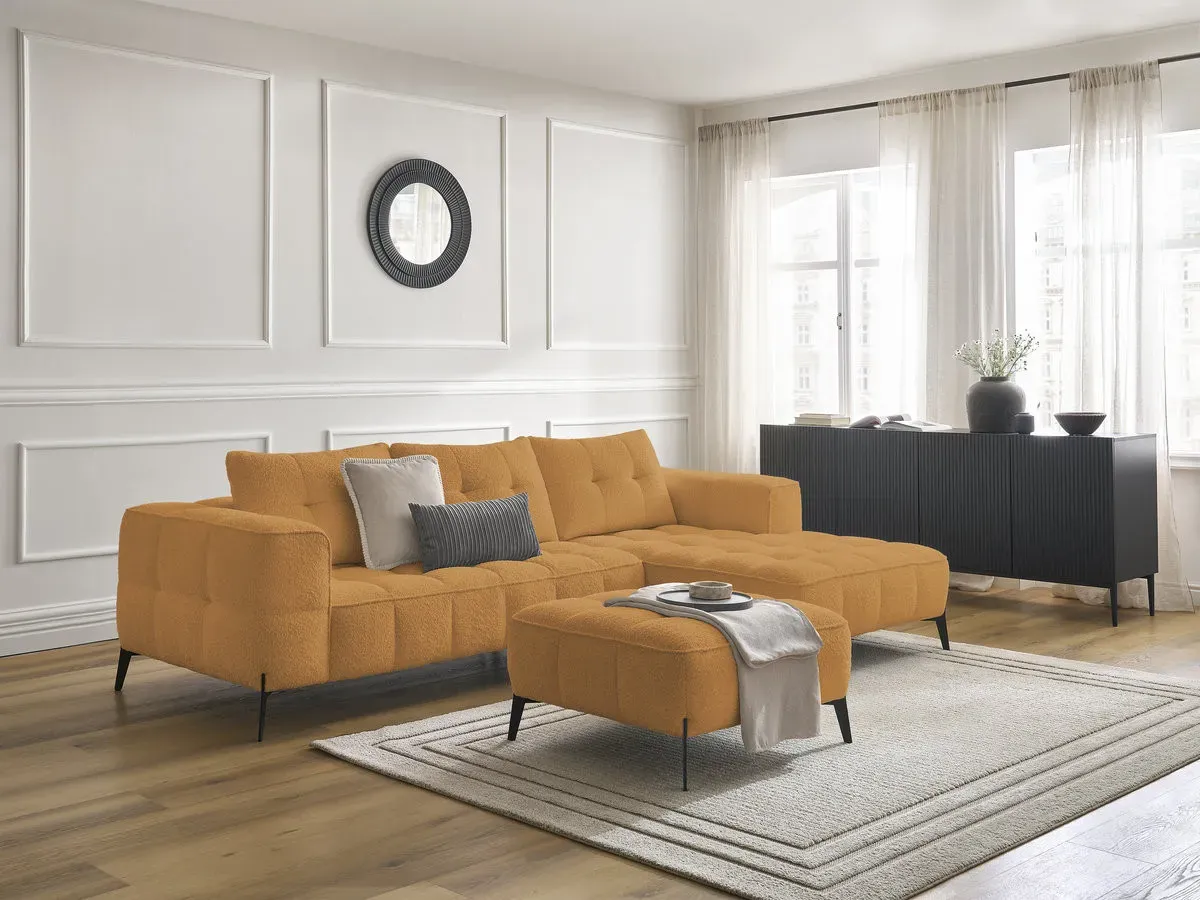 Canapé d'angle fixe ANIS tissu bouclette avec pouf jaune  angle droit BOBOCHIC 3 places