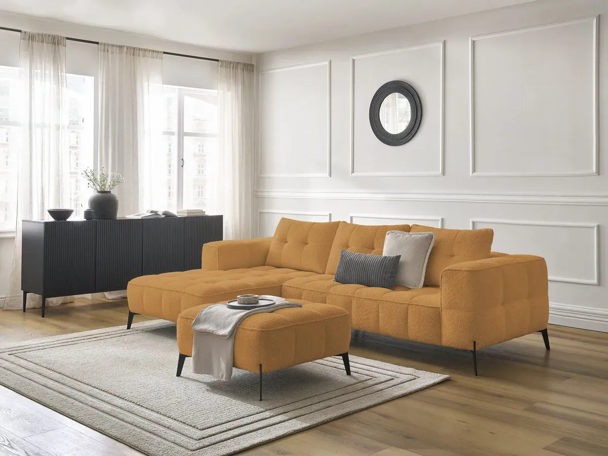 Canapé d'angle fixe ANIS tissu bouclette avec pouf jaune  angle gauche BOBOCHIC 3 places