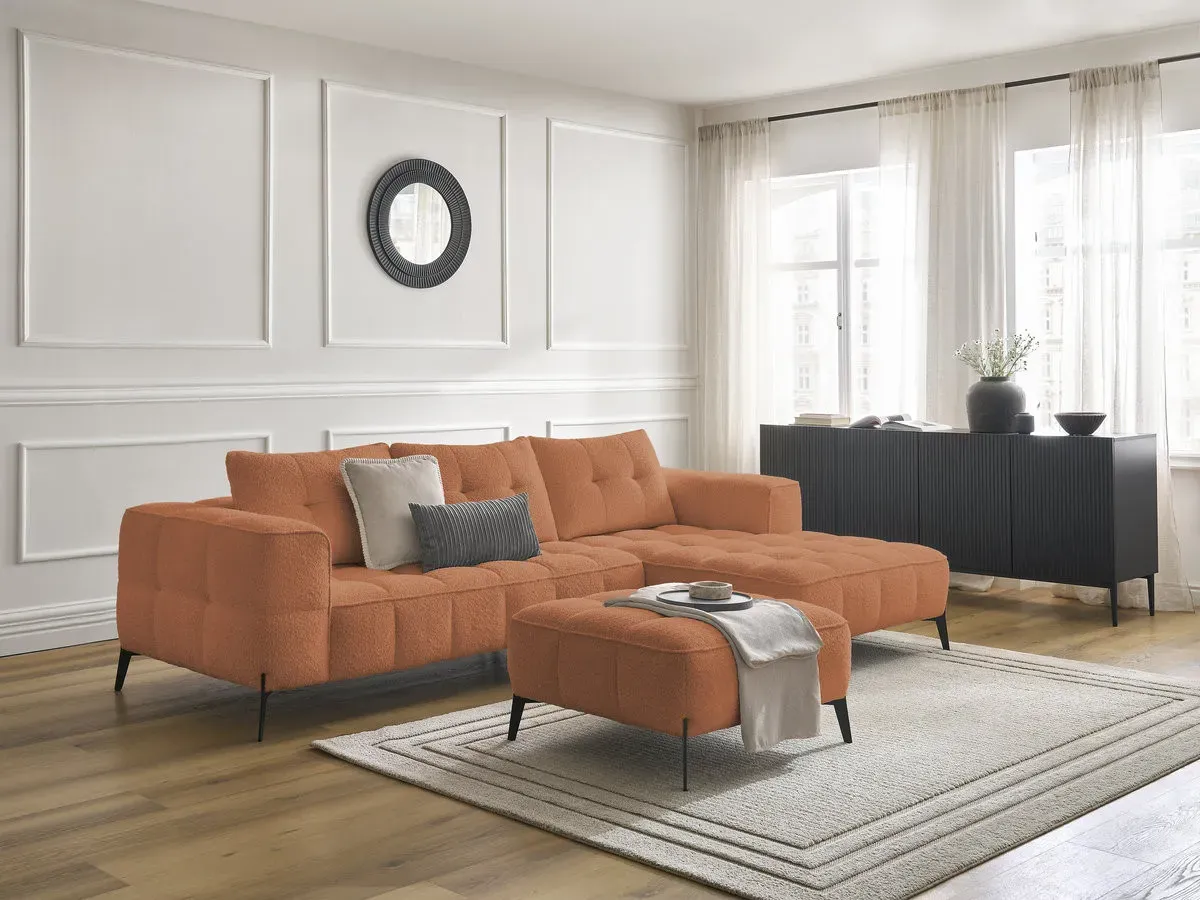 Canapé d'angle fixe ANIS tissu bouclette avec pouf orange  angle droit BOBOCHIC 3 places