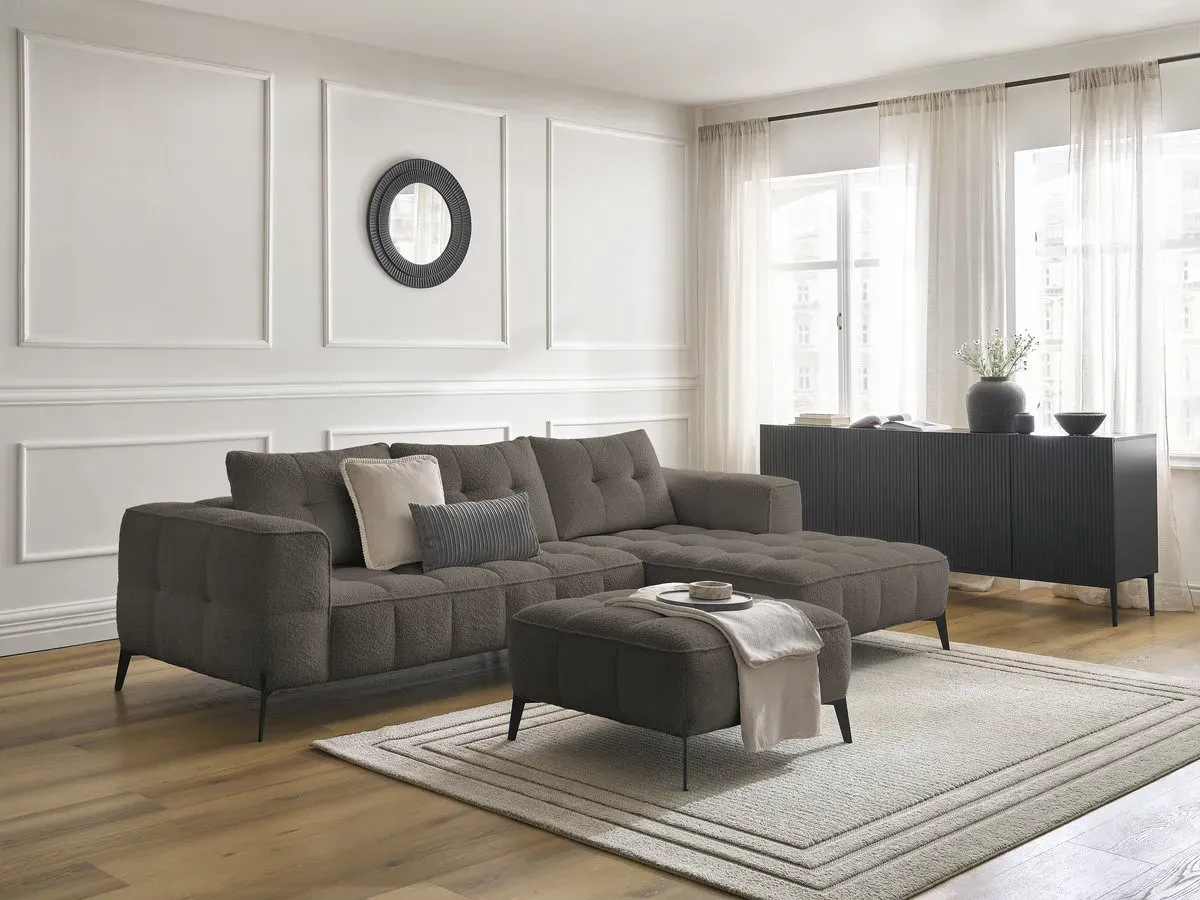 Canapé d'angle fixe ANIS tissu bouclette avec pouf marron  angle droit BOBOCHIC 3 places