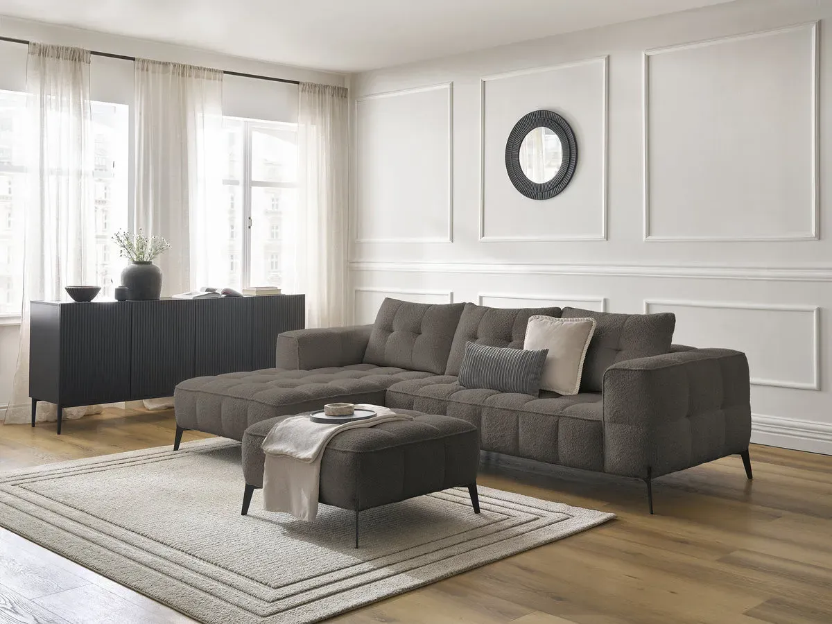 Canapé d'angle fixe ANIS tissu bouclette avec pouf marron  angle gauche BOBOCHIC 3 places