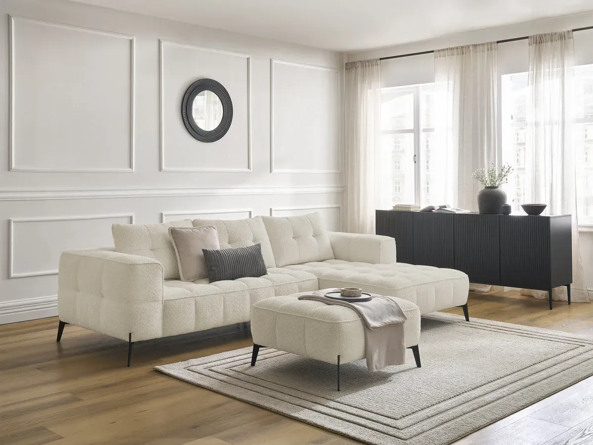 Canapé d'angle fixe ANIS tissu bouclette avec pouf beige  angle droit BOBOCHIC 3 places