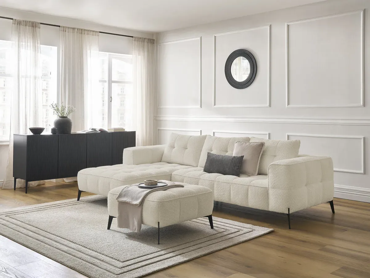 Canapé d'angle fixe ANIS tissu bouclette avec pouf beige  angle gauche BOBOCHIC 3 places