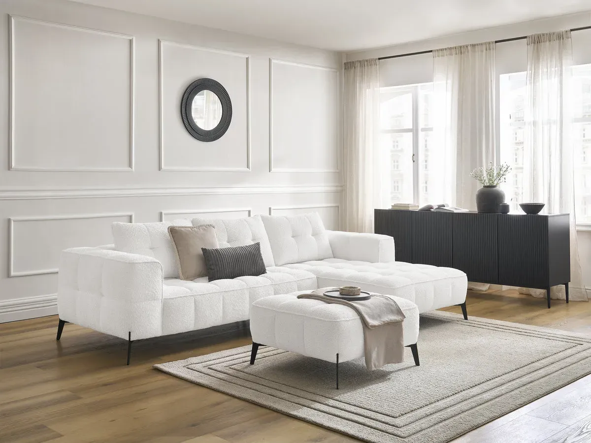 Canapé d'angle fixe ANIS tissu bouclette avec pouf blanc  angle droit BOBOCHIC 3 places