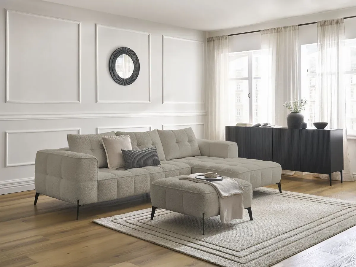 Canapé d'angle fixe ANIS tissu bouclette avec pouf taupe  angle droit BOBOCHIC 3 places