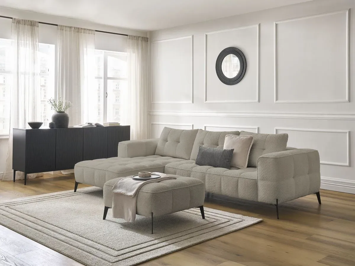 Canapé d'angle fixe ANIS tissu bouclette avec pouf taupe  angle gauche BOBOCHIC 3 places