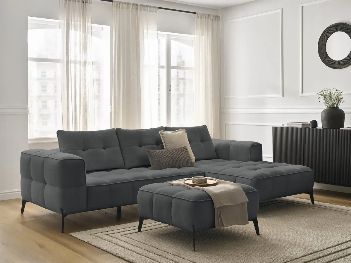 Canapé d'angle fixe ANIS tissu texturé avec pouf gris foncé  angle droit BOBOCHIC 3 places