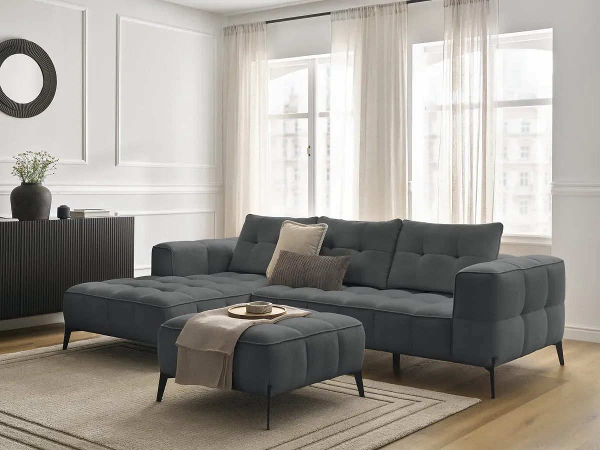 Canapé d'angle fixe ANIS tissu texturé avec pouf gris foncé  angle gauche BOBOCHIC 3 places