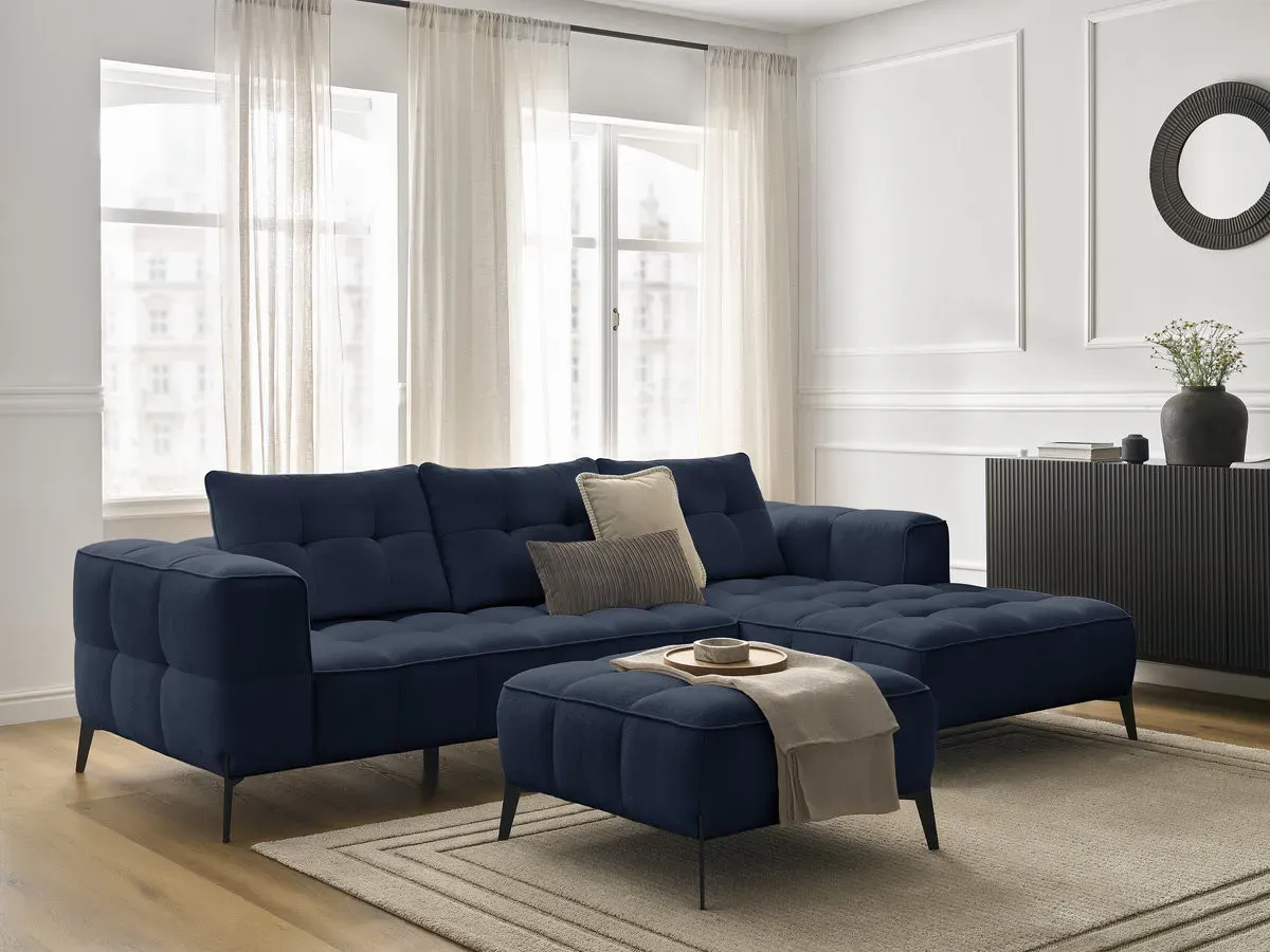 Canapé d'angle fixe ANIS tissu texturé avec pouf bleu  angle droit BOBOCHIC 3 places