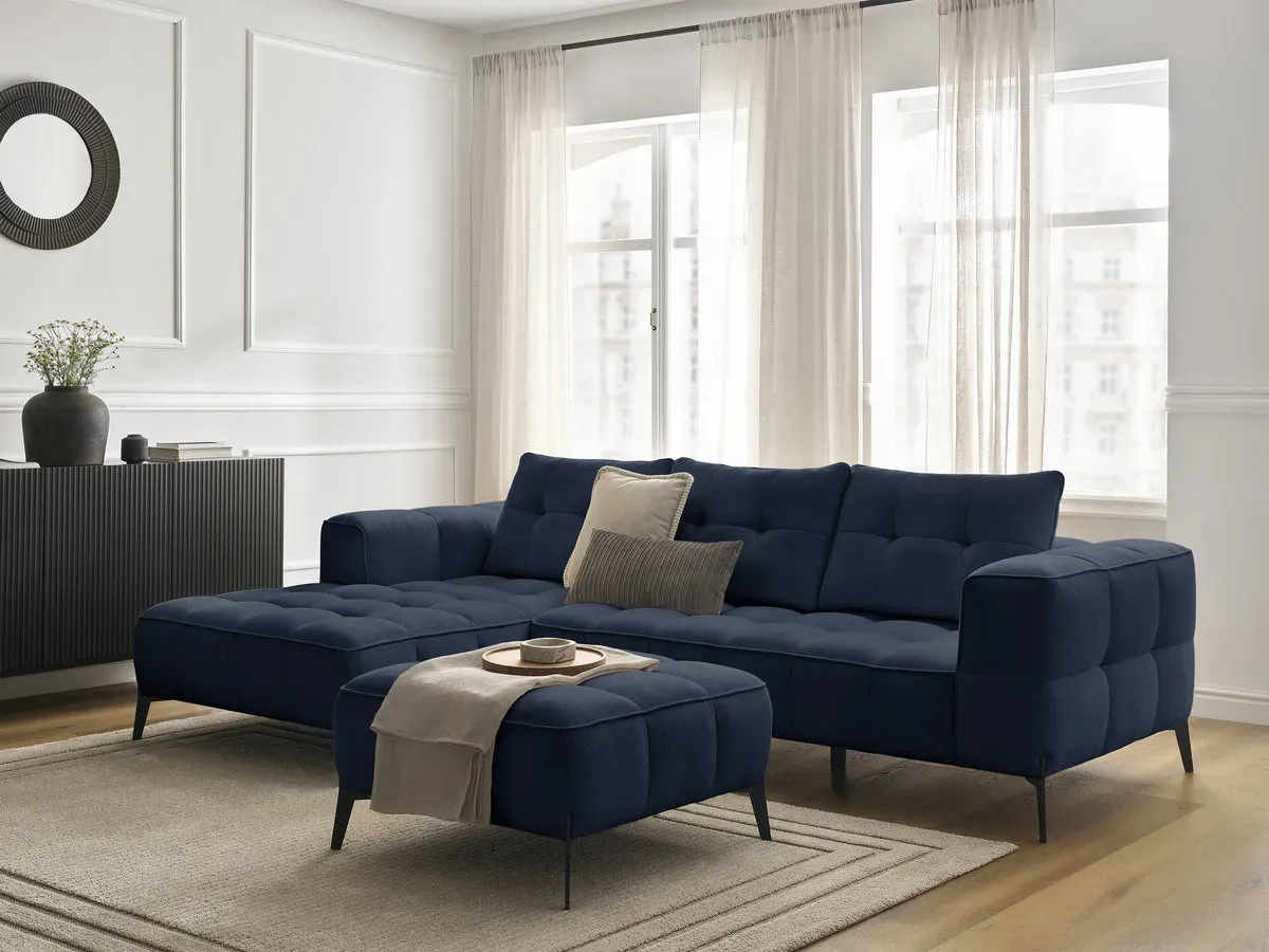 Canapé d'angle fixe ANIS tissu texturé avec pouf bleu  angle gauche BOBOCHIC 3 places