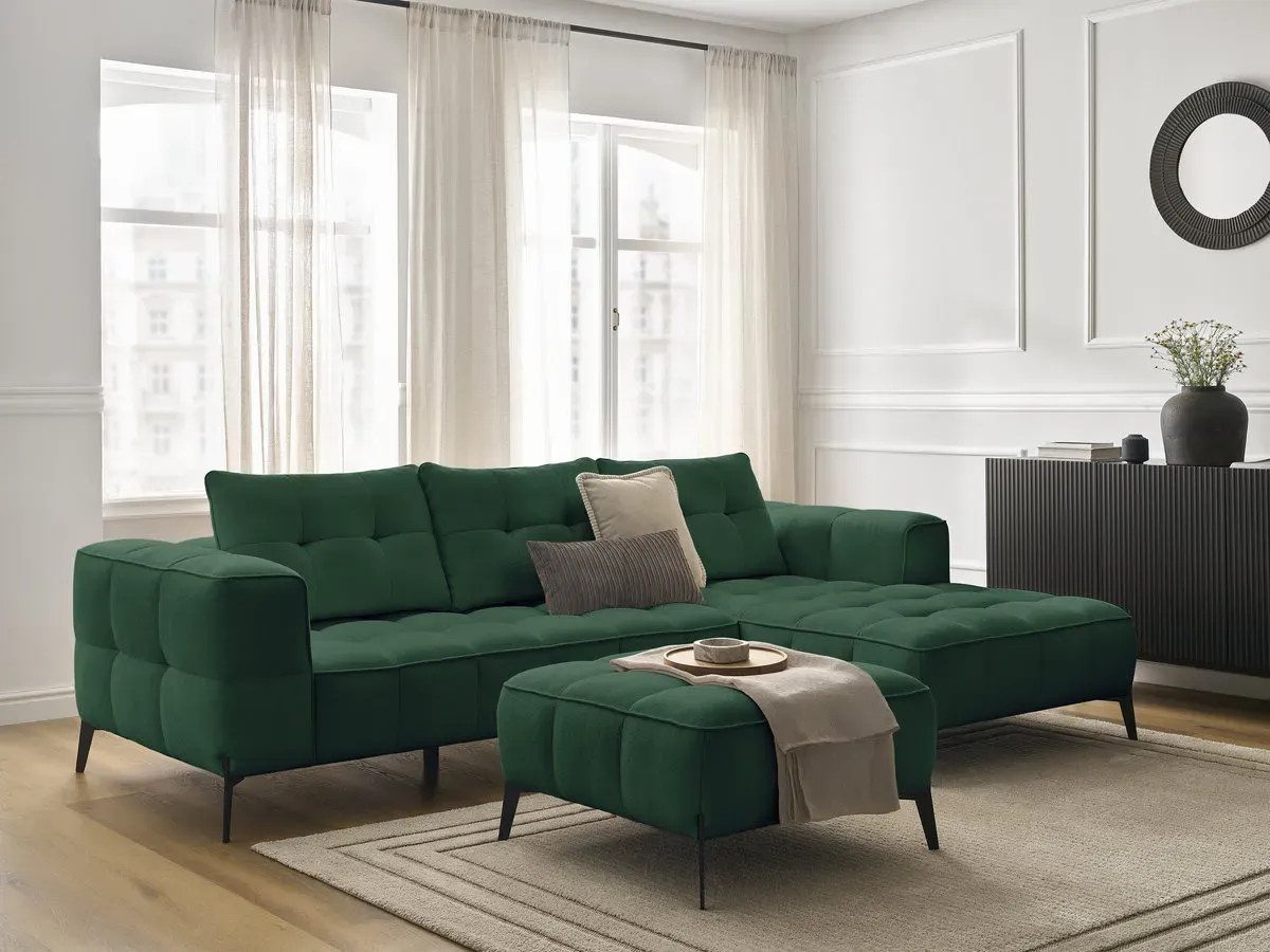 Canapé d'angle fixe ANIS tissu texturé avec pouf vert  angle droit BOBOCHIC 3 places