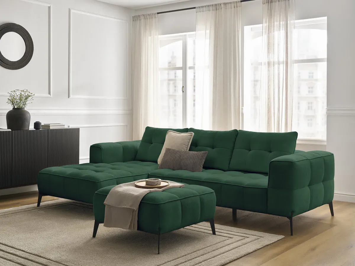 Canapé d'angle fixe ANIS tissu texturé avec pouf vert  angle gauche BOBOCHIC 3 places