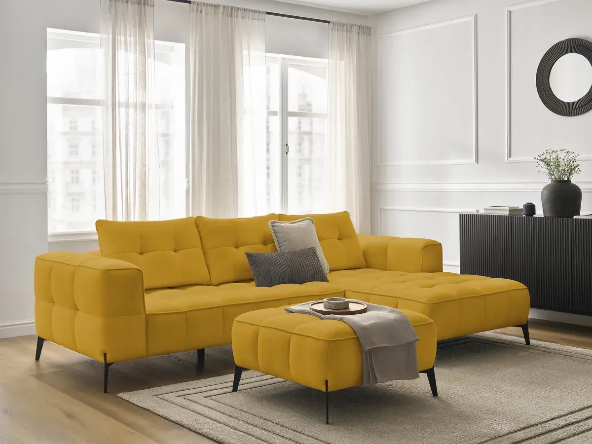 Canapé d'angle fixe ANIS tissu texturé avec pouf jaune  angle droit BOBOCHIC 3 places