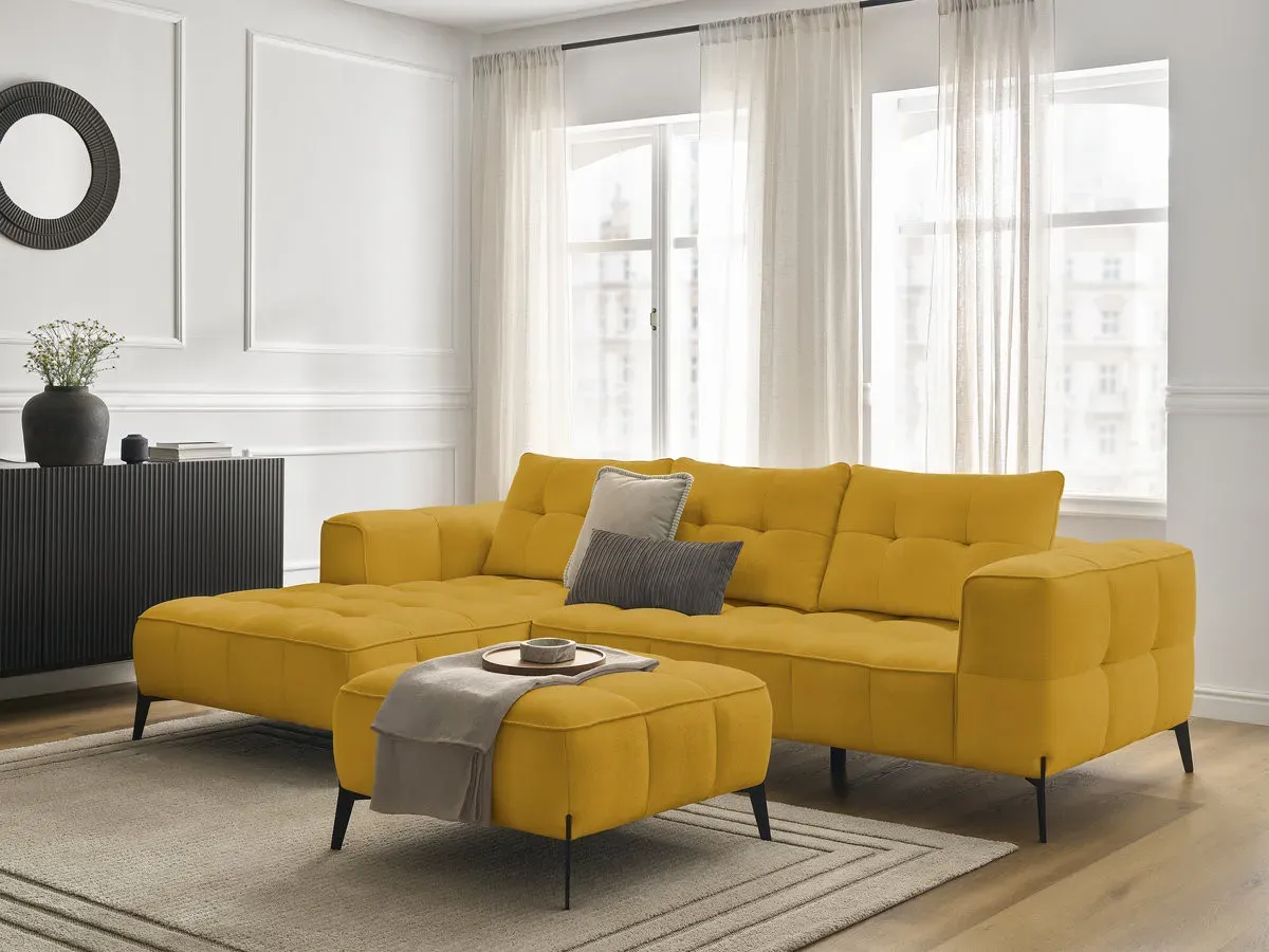 Canapé d'angle fixe ANIS tissu texturé avec pouf jaune  angle gauche BOBOCHIC 3 places