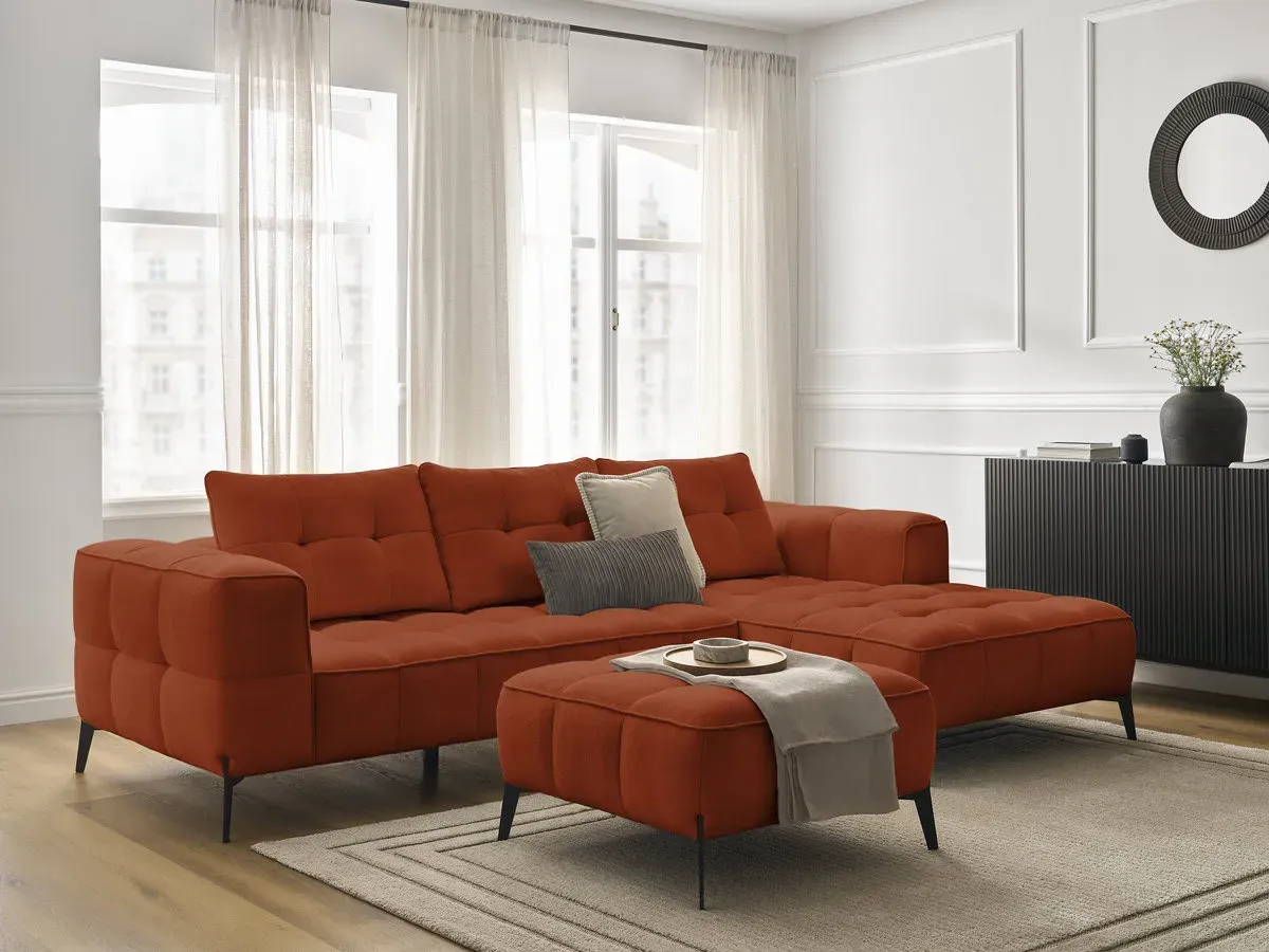 Canapé d'angle fixe ANIS tissu texturé avec pouf orange  angle droit BOBOCHIC 3 places