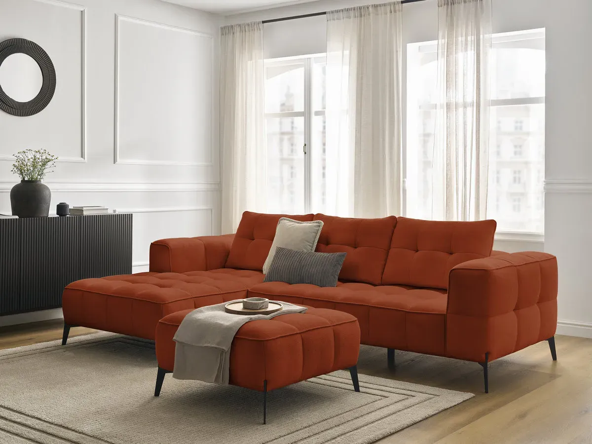 Canapé d'angle fixe ANIS tissu texturé avec pouf orange  angle gauche BOBOCHIC 3 places