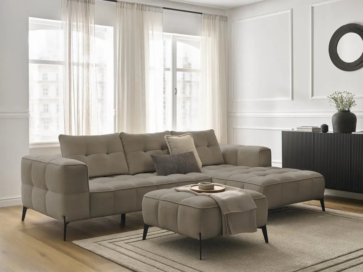 Canapé d'angle fixe ANIS tissu texturé avec pouf taupe  angle droit BOBOCHIC 3 places