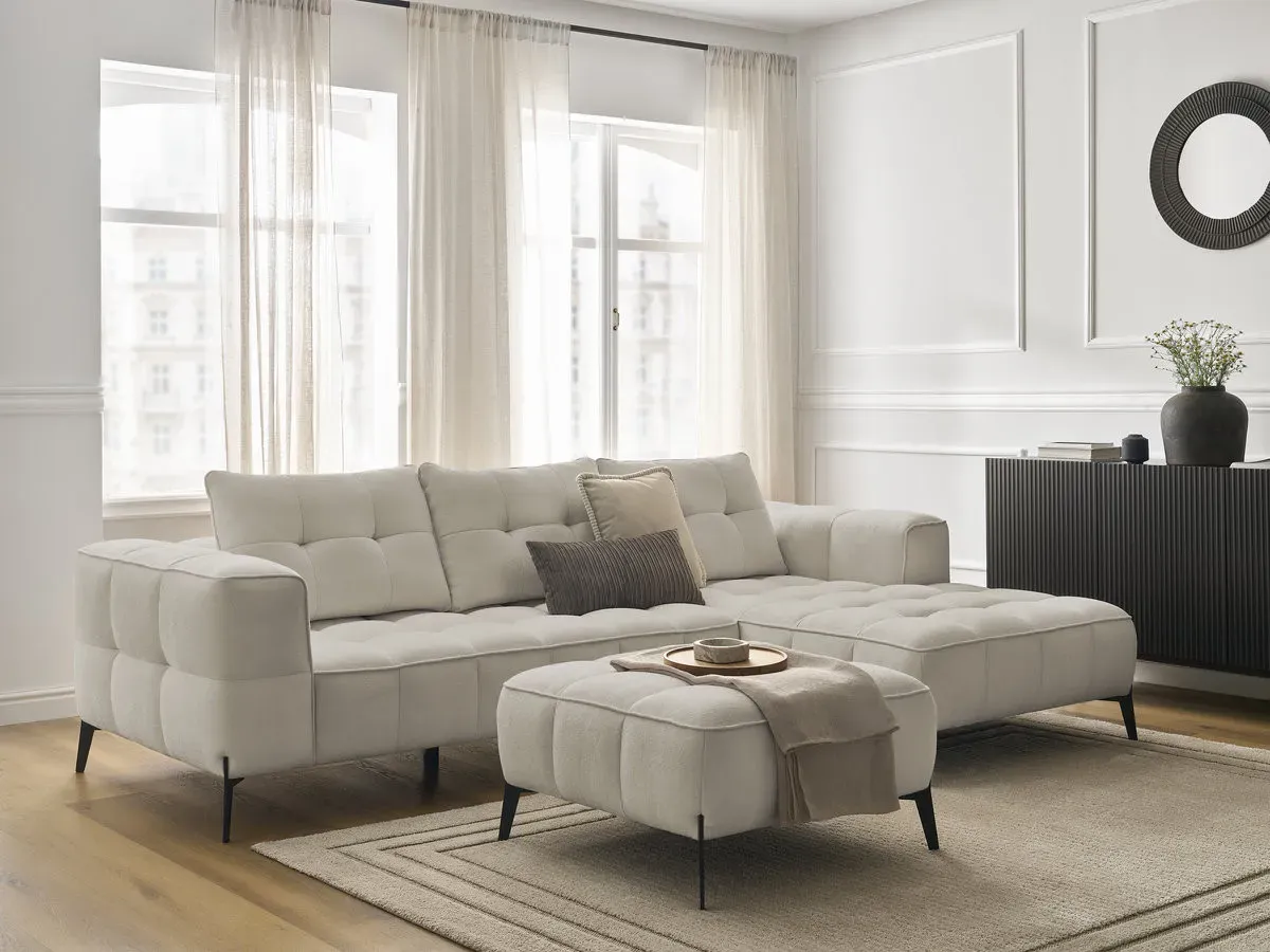 Canapé d'angle fixe ANIS tissu texturé avec pouf beige  angle droit BOBOCHIC 3 places