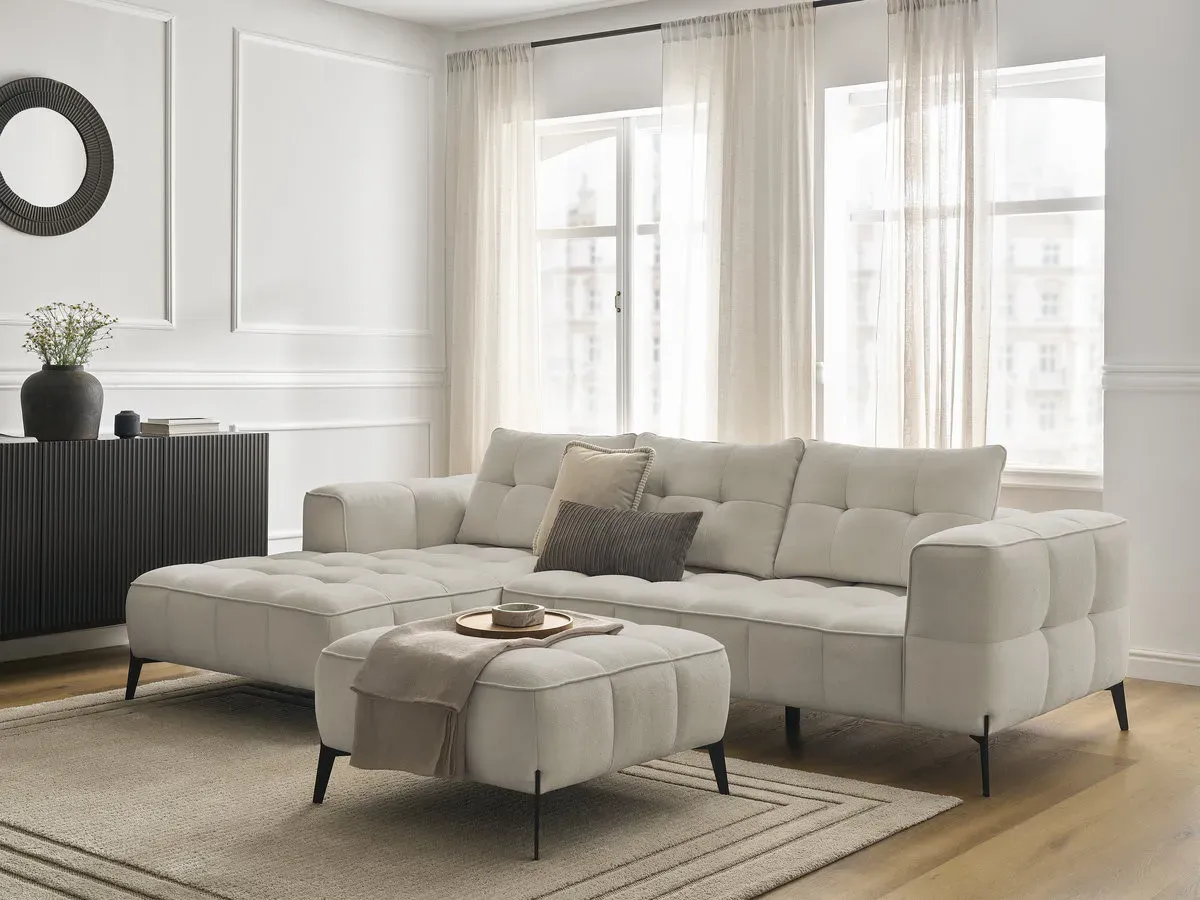 Canapé d'angle fixe ANIS tissu texturé avec pouf beige  angle gauche BOBOCHIC 3 places