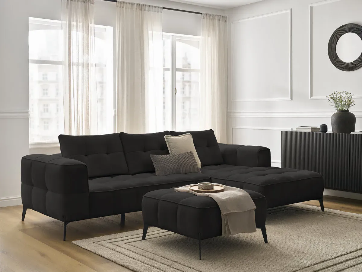 Canapé d'angle fixe ANIS tissu texturé avec pouf noir  angle droit BOBOCHIC 3 places