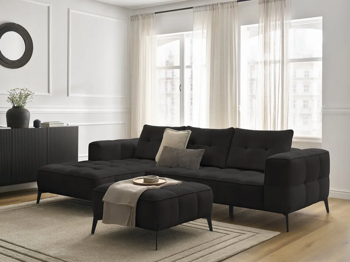 Canapé d'angle fixe ANIS tissu texturé avec pouf noir  angle gauche BOBOCHIC 3 places
