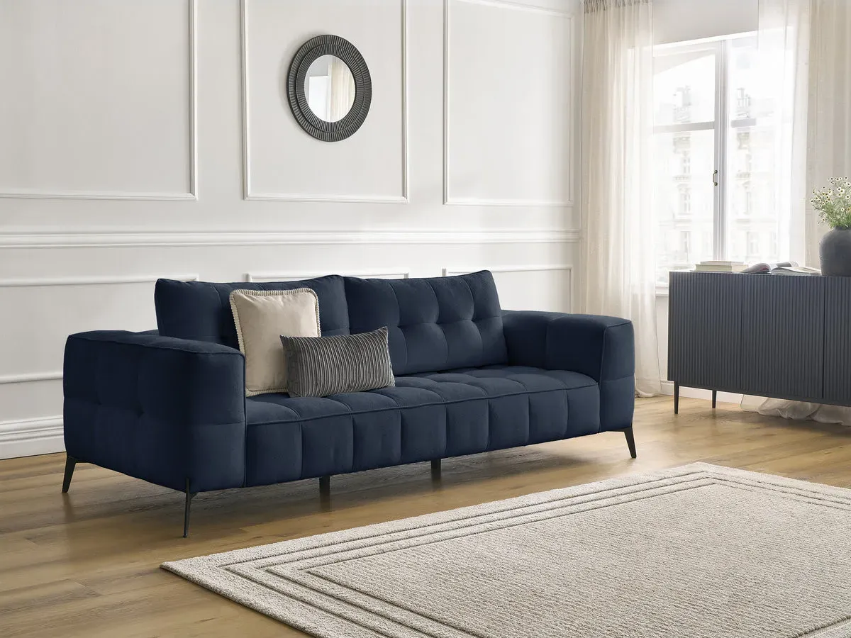 Canapé droit fixe 3 places ANIS tissu texturé bleu   BOBOCHIC