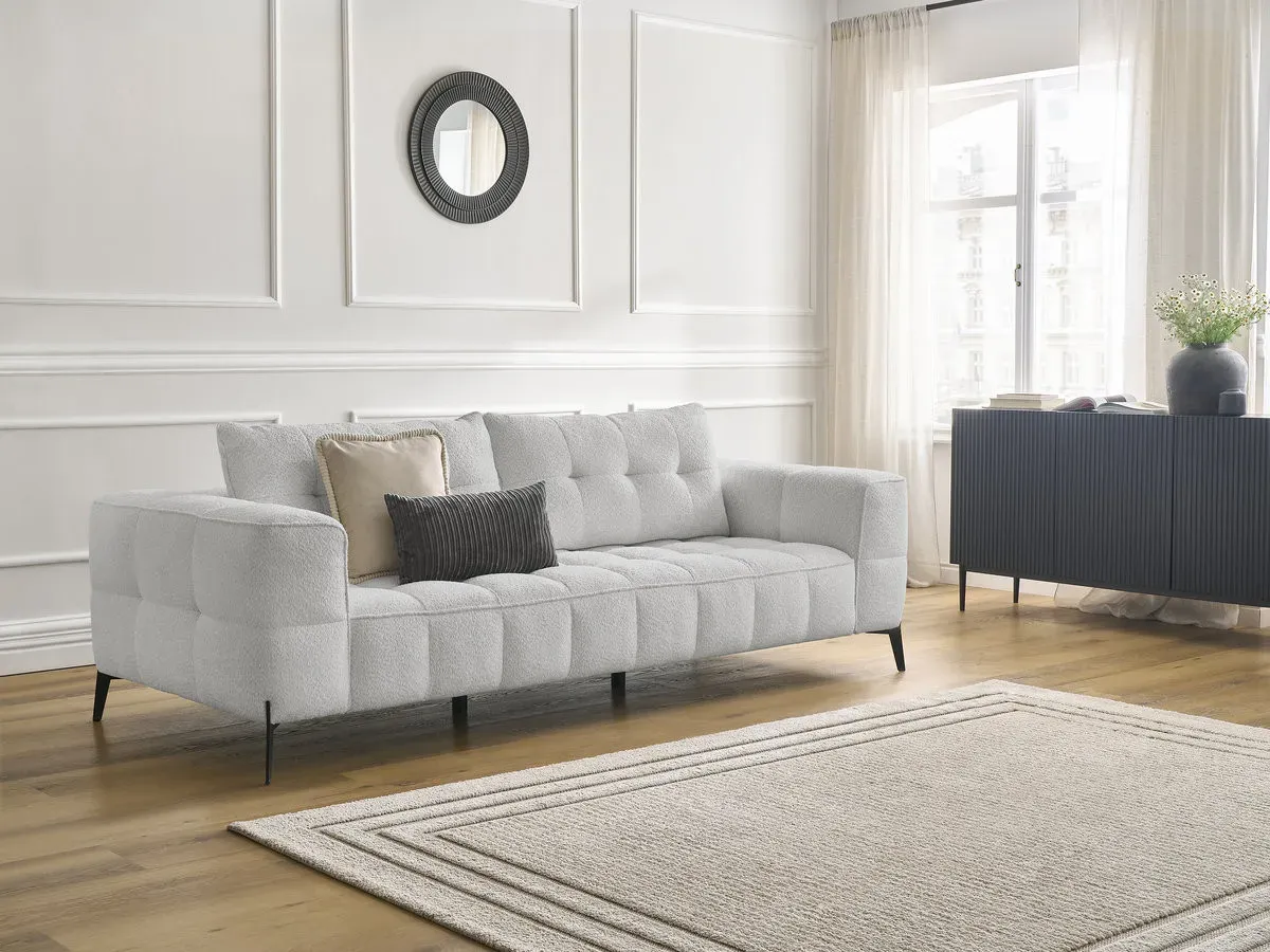 Canapé droit fixe 3 places ANIS tissu bouclette gris clair   BOBOCHIC