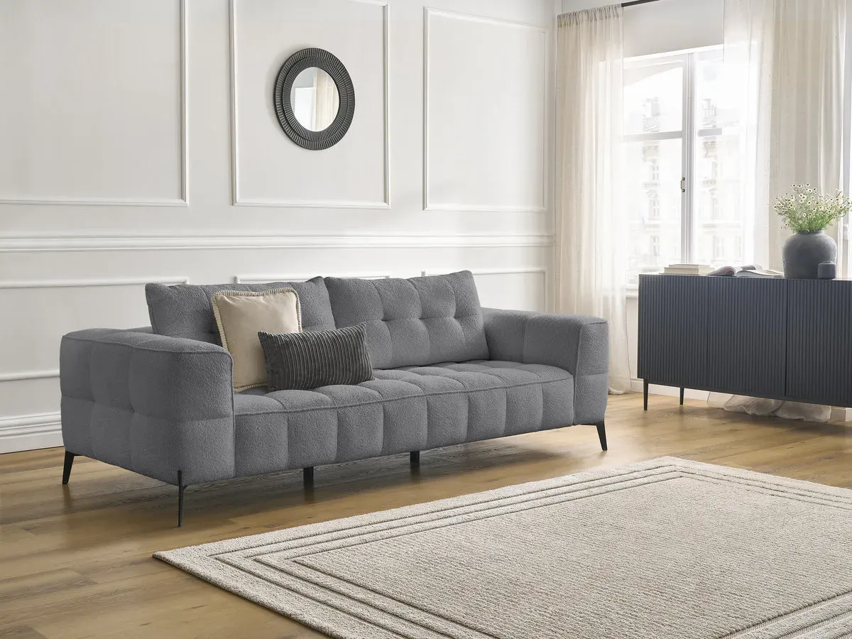 Canapé droit fixe 3 places ANIS tissu bouclette gris foncé   BOBOCHIC