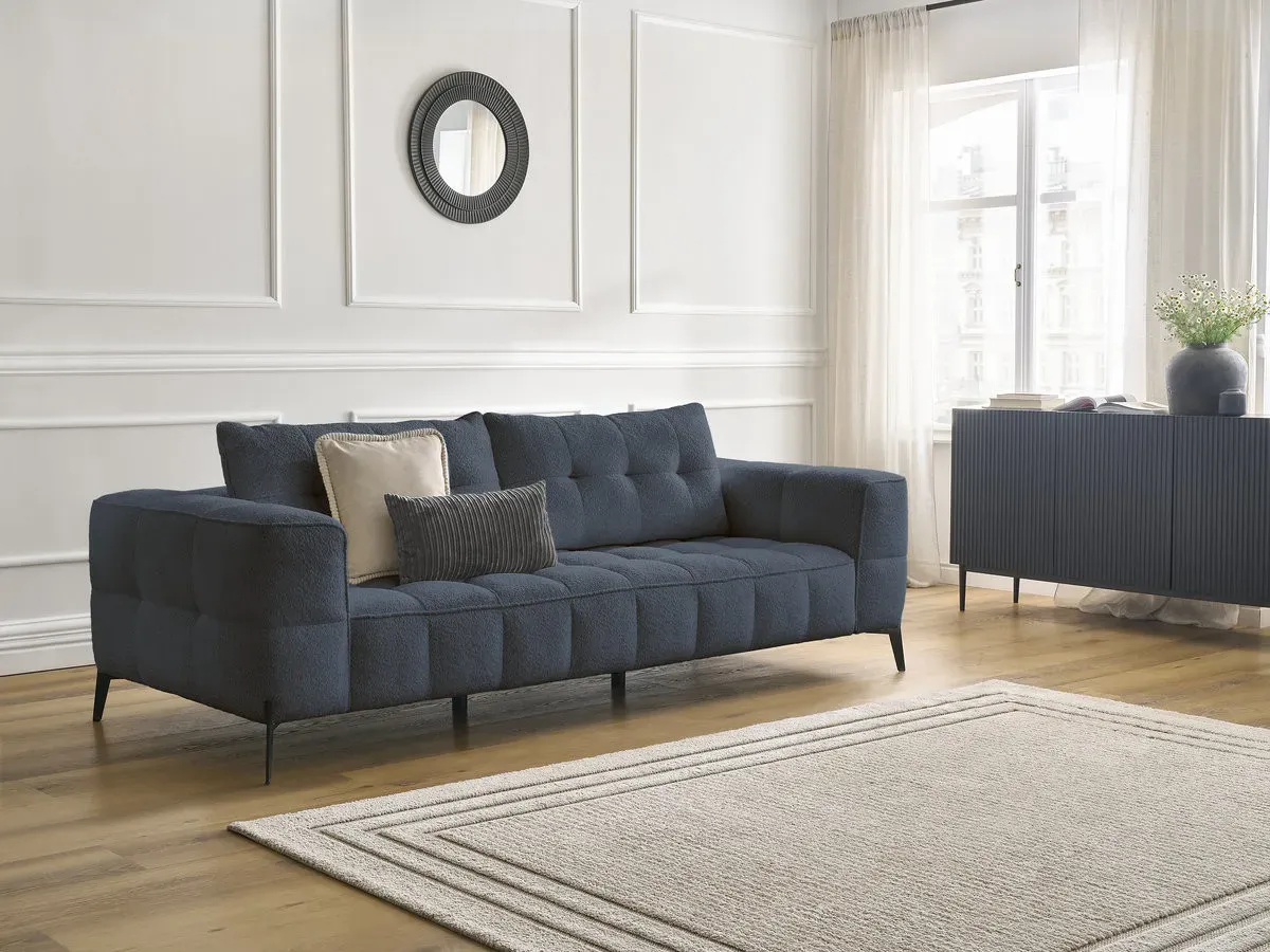 Canapé droit fixe 3 places ANIS tissu bouclette bleu foncé   BOBOCHIC