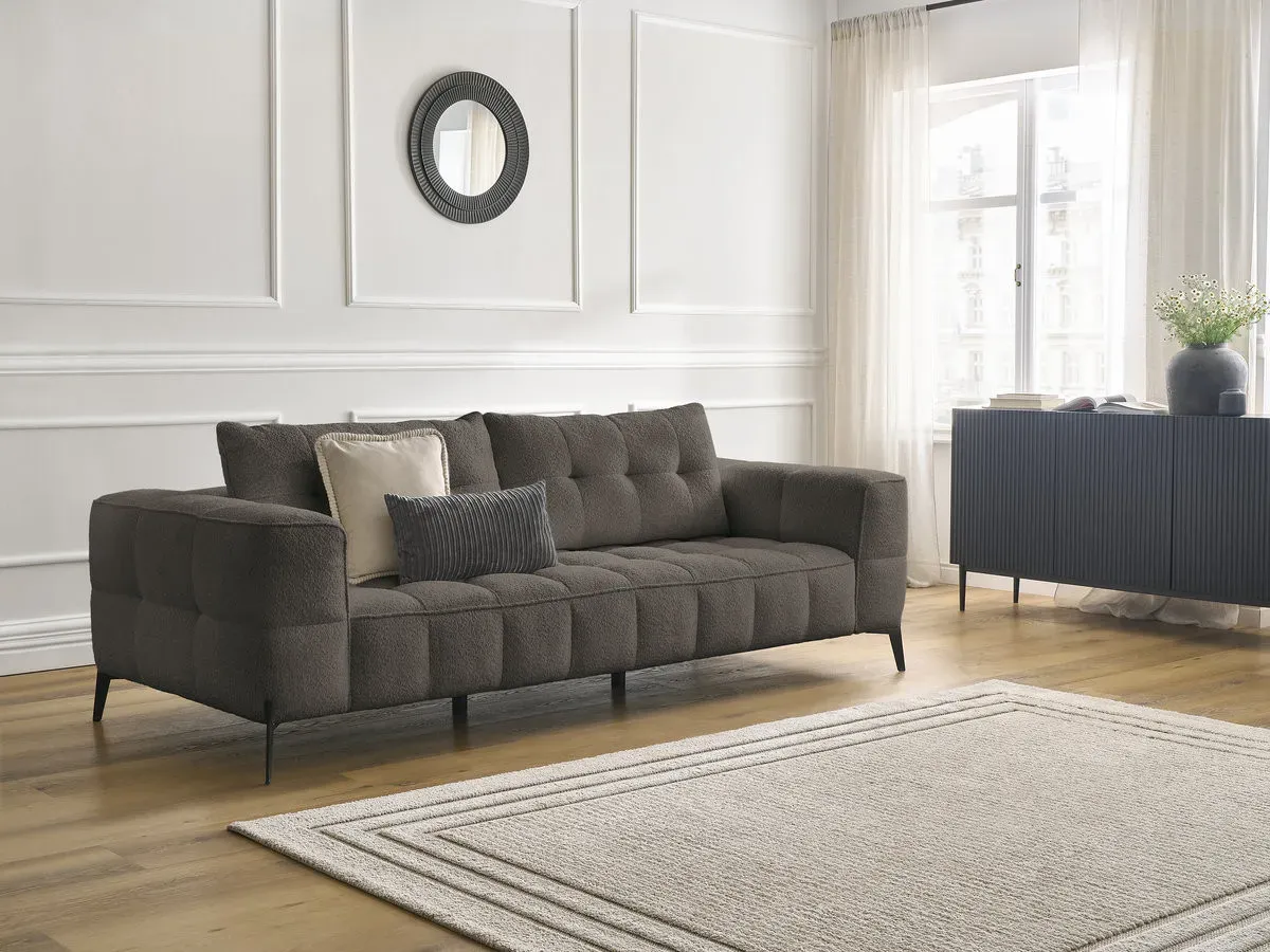 Canapé droit fixe 3 places ANIS tissu bouclette marron   BOBOCHIC