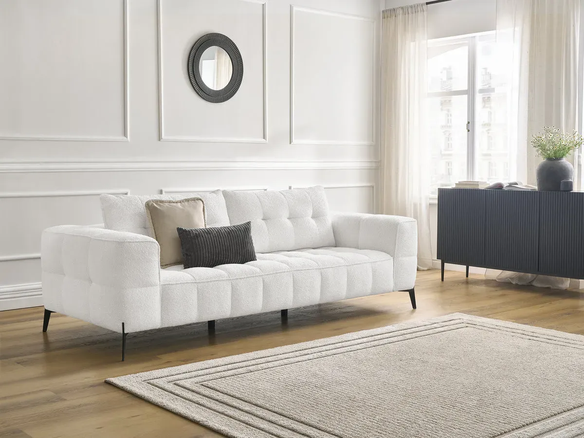 Canapé droit fixe 3 places ANIS tissu bouclette blanc   BOBOCHIC