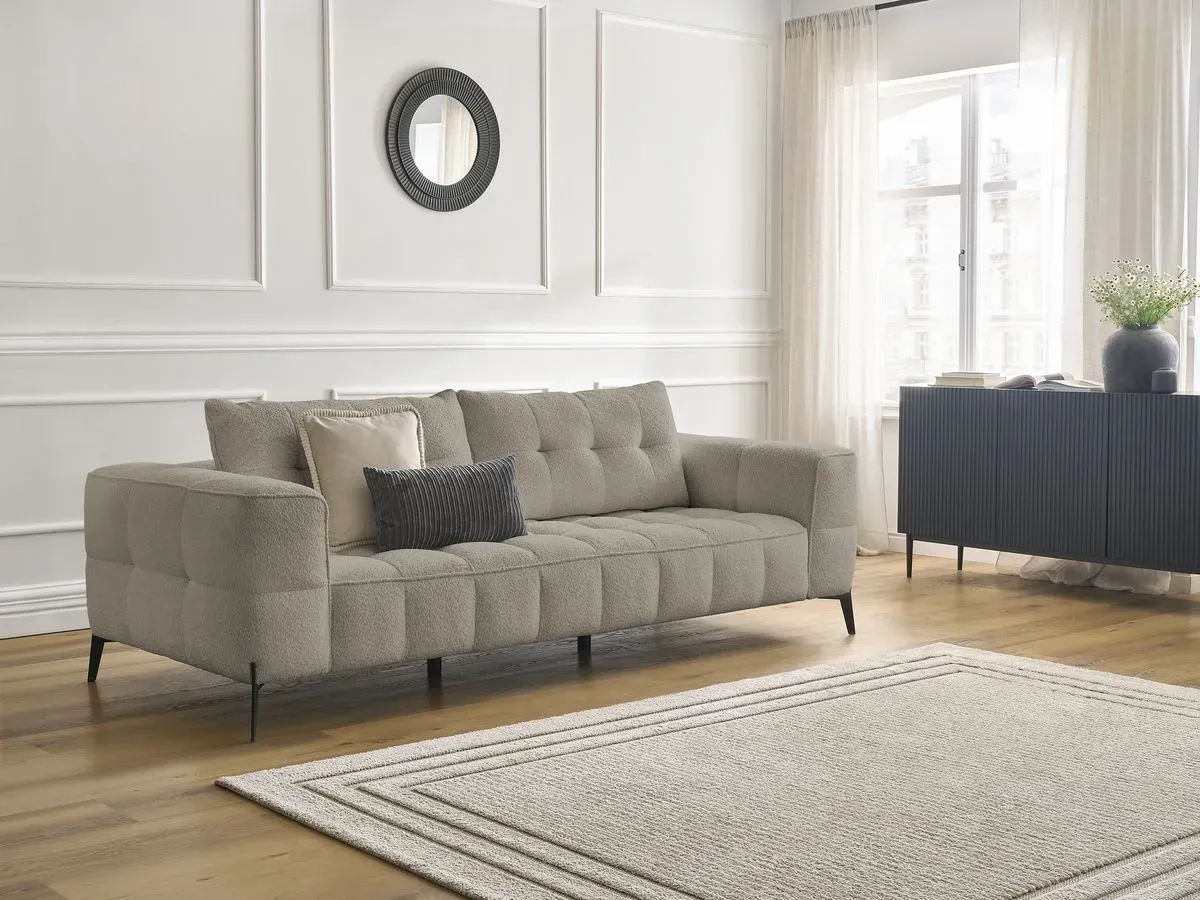 Canapé droit fixe 3 places ANIS tissu bouclette taupe   BOBOCHIC