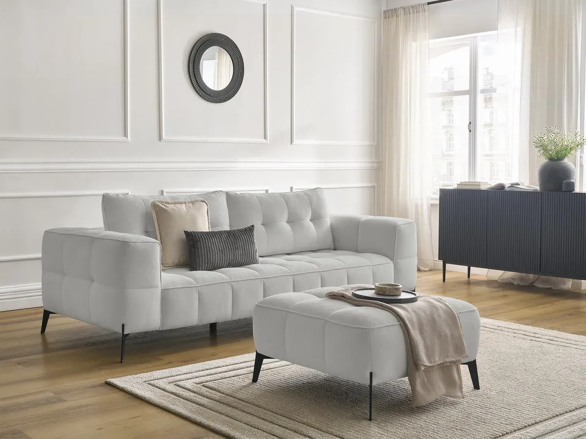 Canapé droit fixe 3 places ANIS tissu texturé avec pouf gris clair   BOBOCHIC