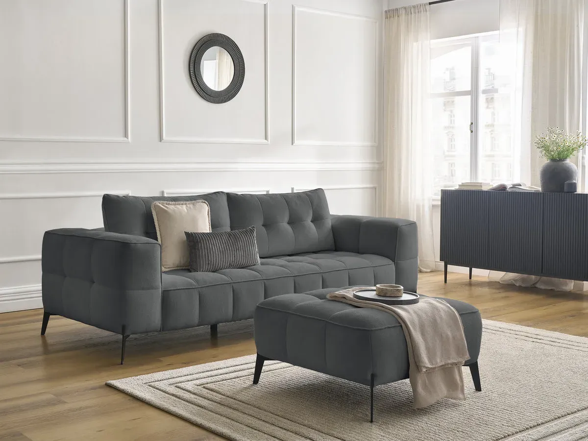 Canapé droit fixe 3 places ANIS tissu texturé avec pouf gris foncé   BOBOCHIC