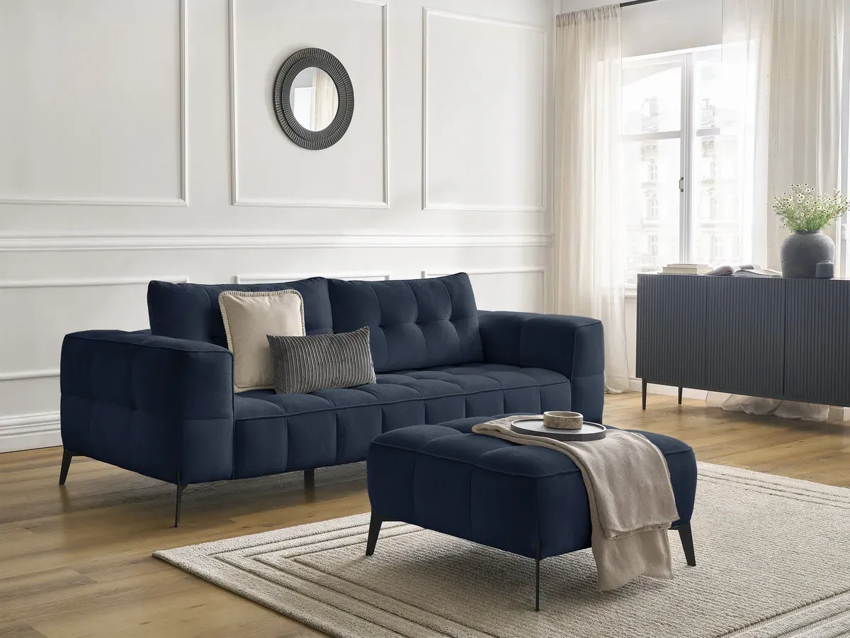 Canapé droit fixe 3 places ANIS tissu texturé avec pouf bleu   BOBOCHIC