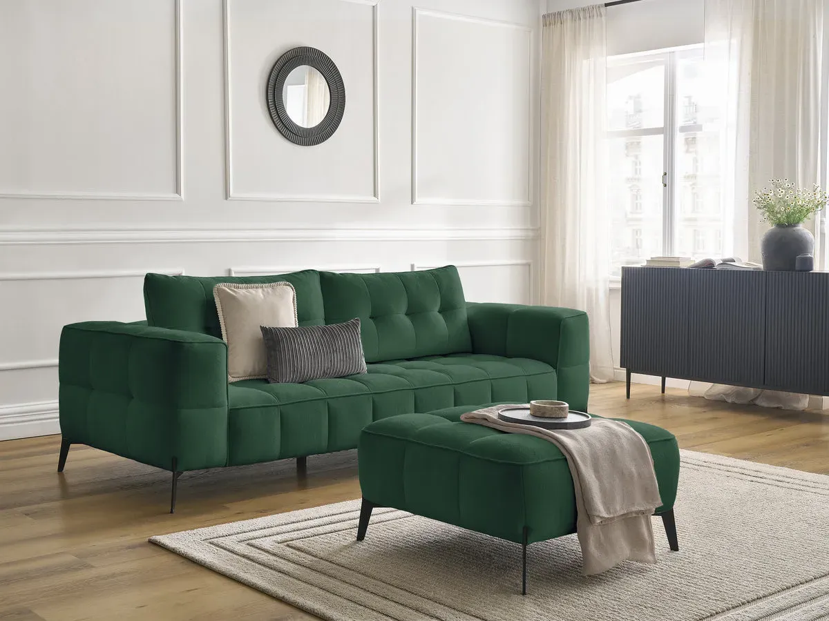 Canapé droit fixe 3 places ANIS tissu texturé avec pouf vert   BOBOCHIC