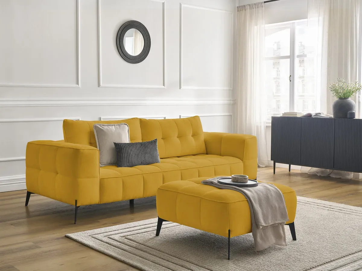 Canapé droit fixe 3 places ANIS tissu texturé avec pouf jaune   BOBOCHIC