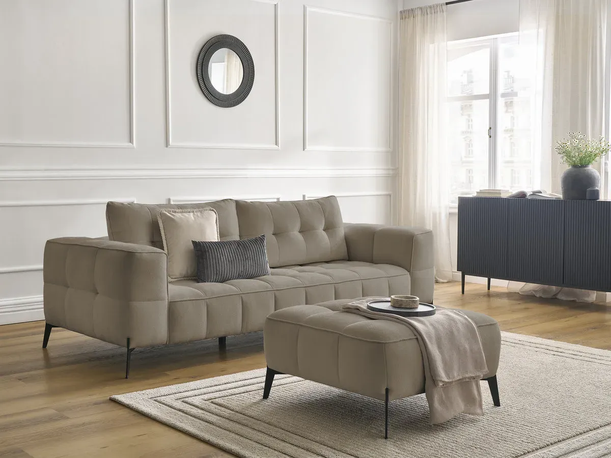 Canapé droit fixe 3 places ANIS tissu texturé avec pouf taupe   BOBOCHIC