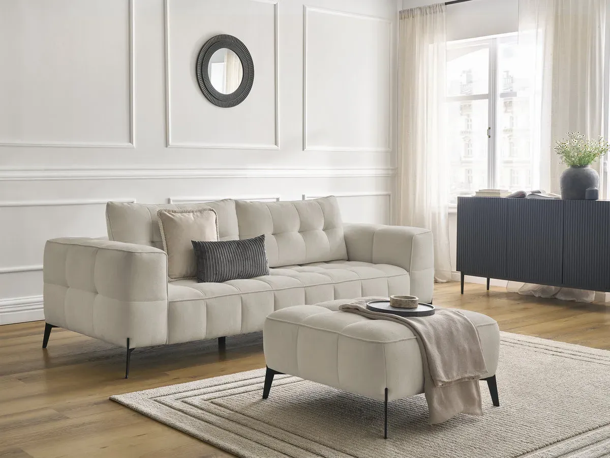 Canapé droit fixe 3 places ANIS tissu texturé avec pouf beige   BOBOCHIC