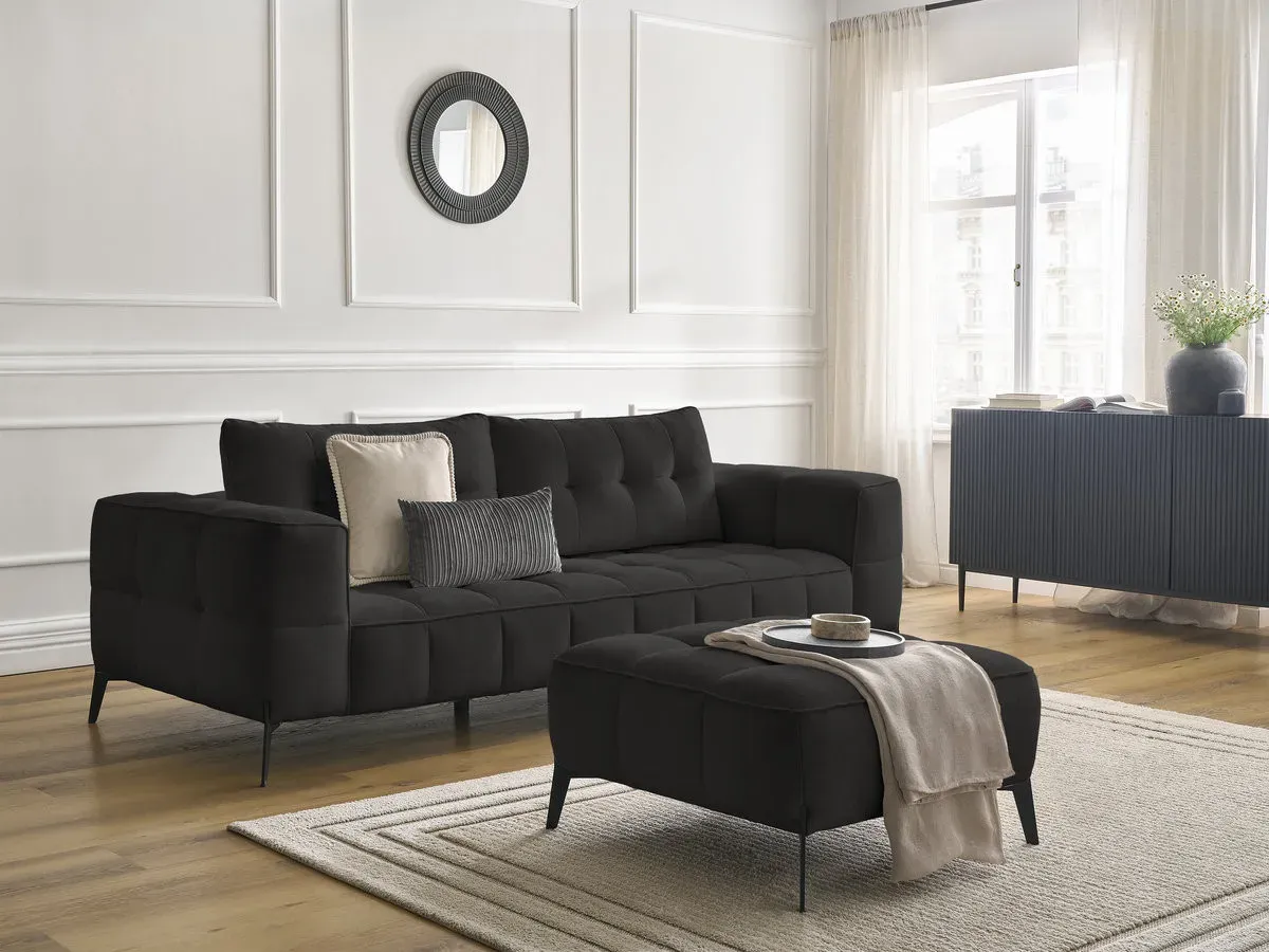 Canapé droit fixe 3 places ANIS tissu texturé avec pouf noir   BOBOCHIC