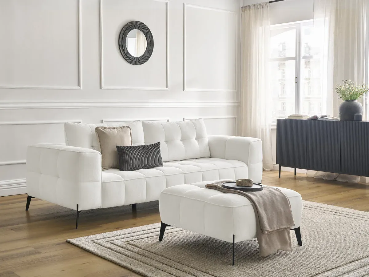 Canapé droit fixe 3 places ANIS tissu texturé avec pouf blanc   BOBOCHIC