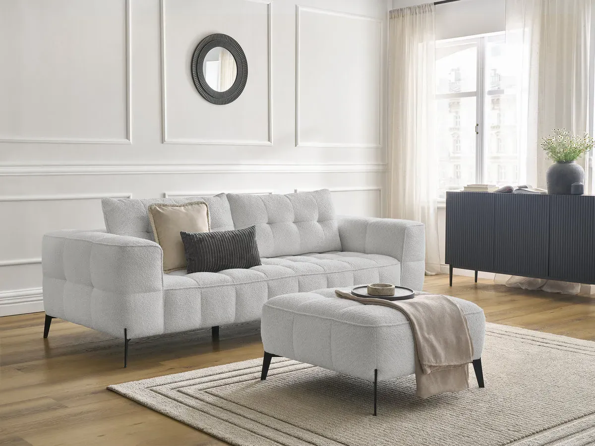 Canapé droit fixe 3 places ANIS tissu bouclette avec pouf gris clair   BOBOCHIC