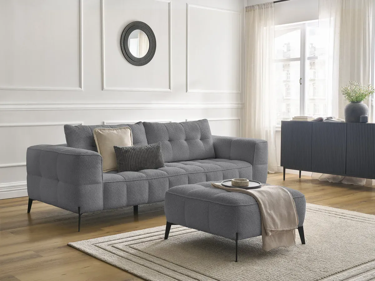 Canapé droit fixe 3 places ANIS tissu bouclette avec pouf gris foncé   BOBOCHIC