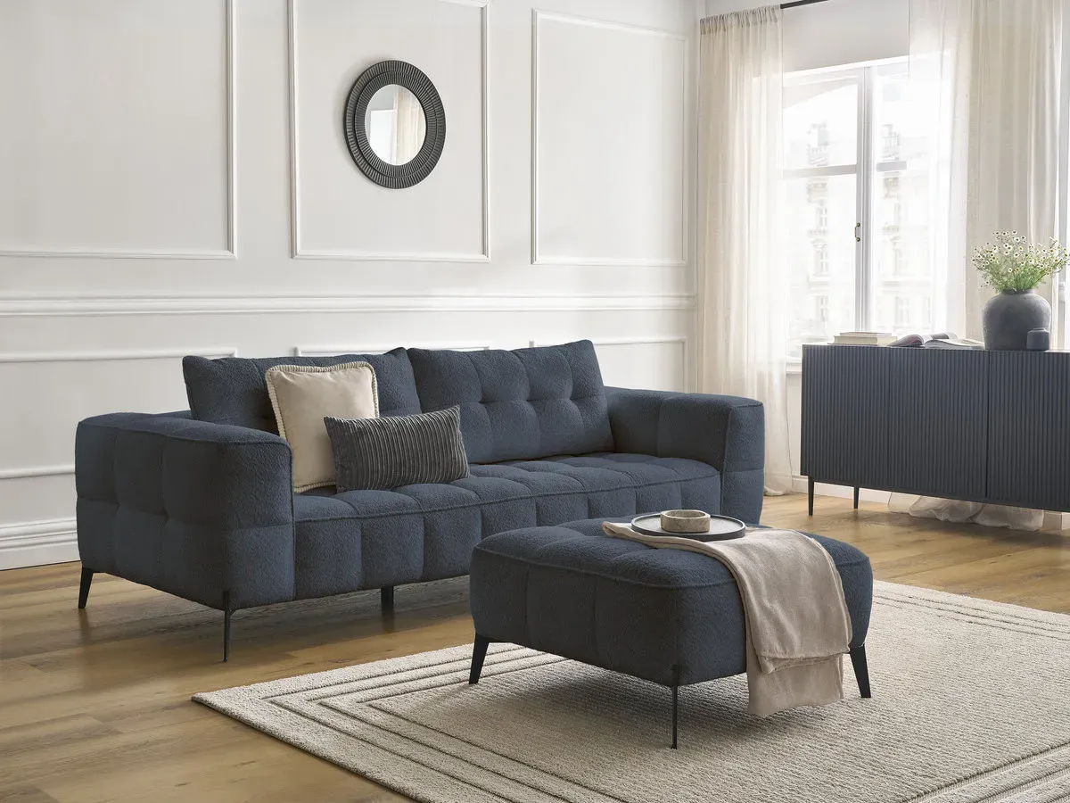 Canapé droit fixe 3 places ANIS tissu bouclette avec pouf bleu foncé   BOBOCHIC