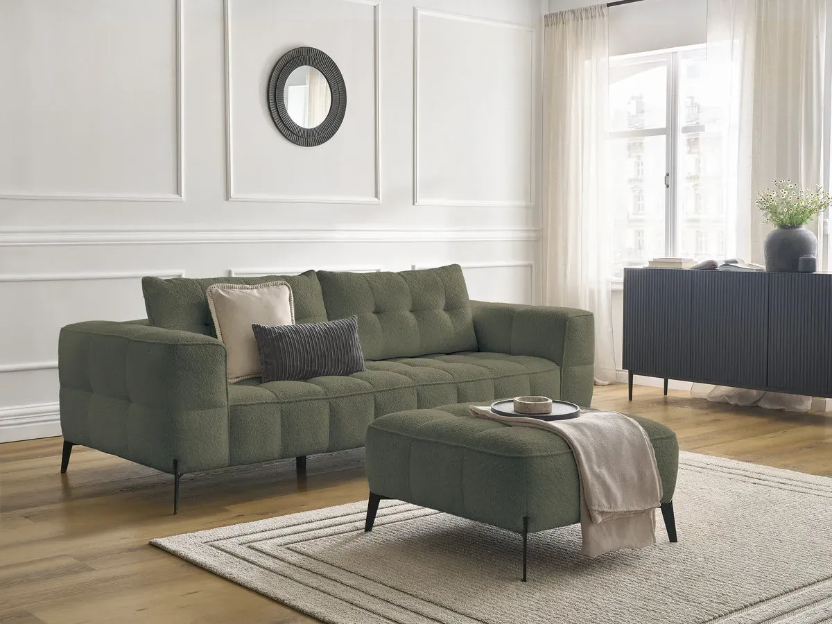 Canapé droit fixe 3 places ANIS tissu bouclette avec pouf vert   BOBOCHIC