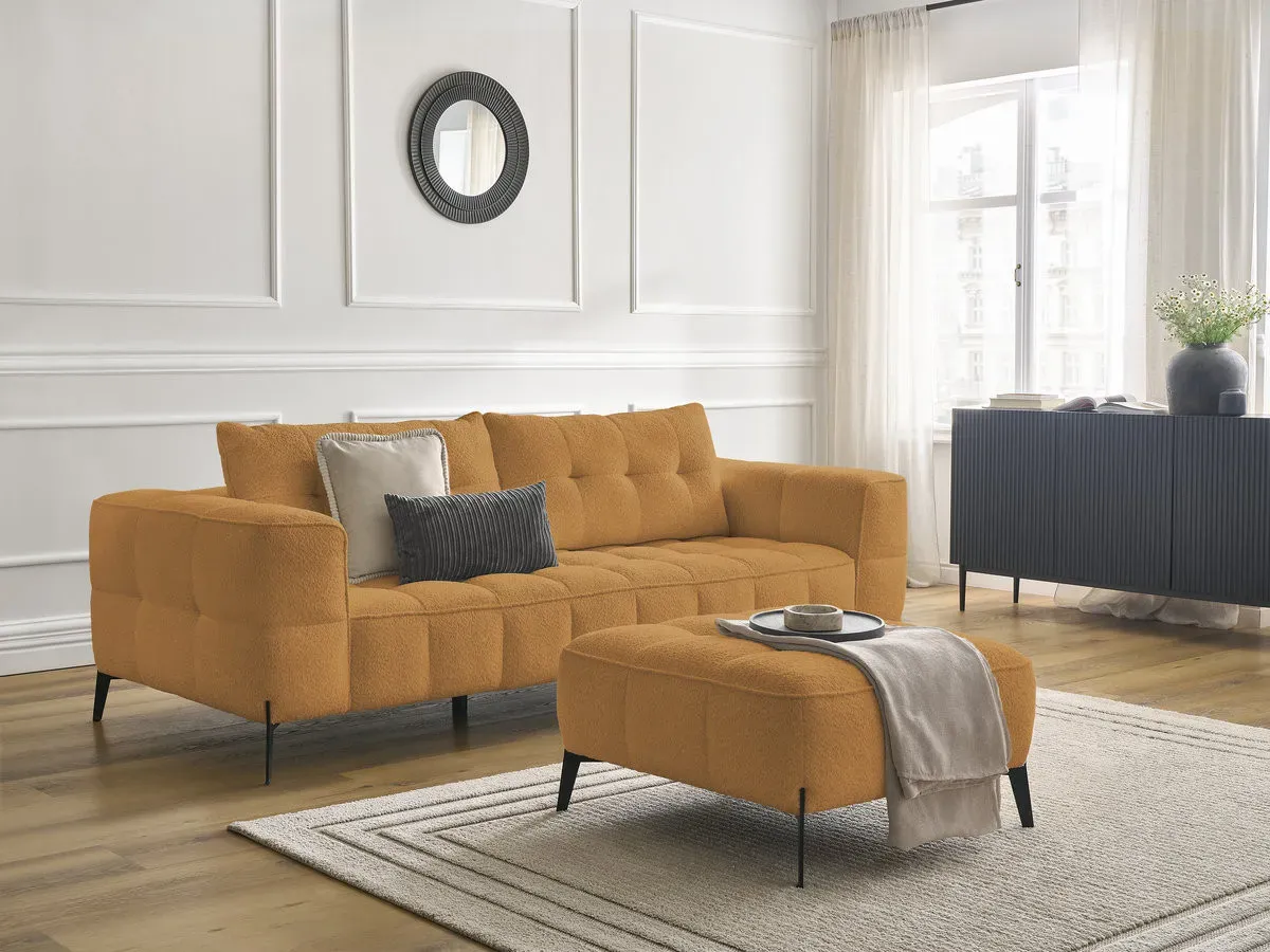 Canapé droit fixe 3 places ANIS tissu bouclette avec pouf jaune   BOBOCHIC