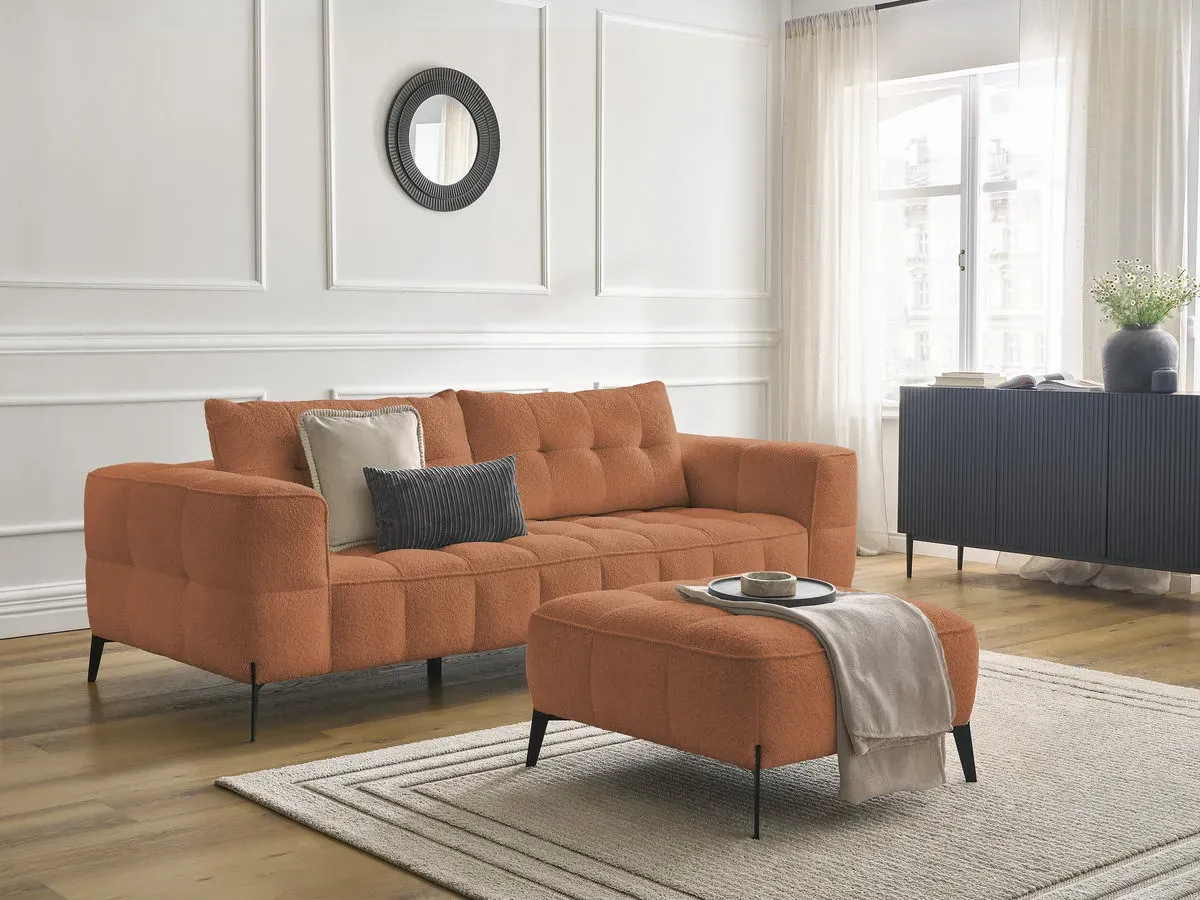 Canapé droit fixe 3 places ANIS tissu bouclette avec pouf orange   BOBOCHIC