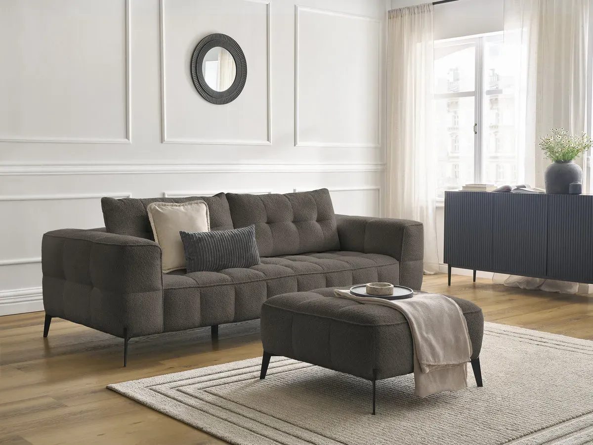 Canapé droit fixe 3 places ANIS tissu bouclette avec pouf marron   BOBOCHIC