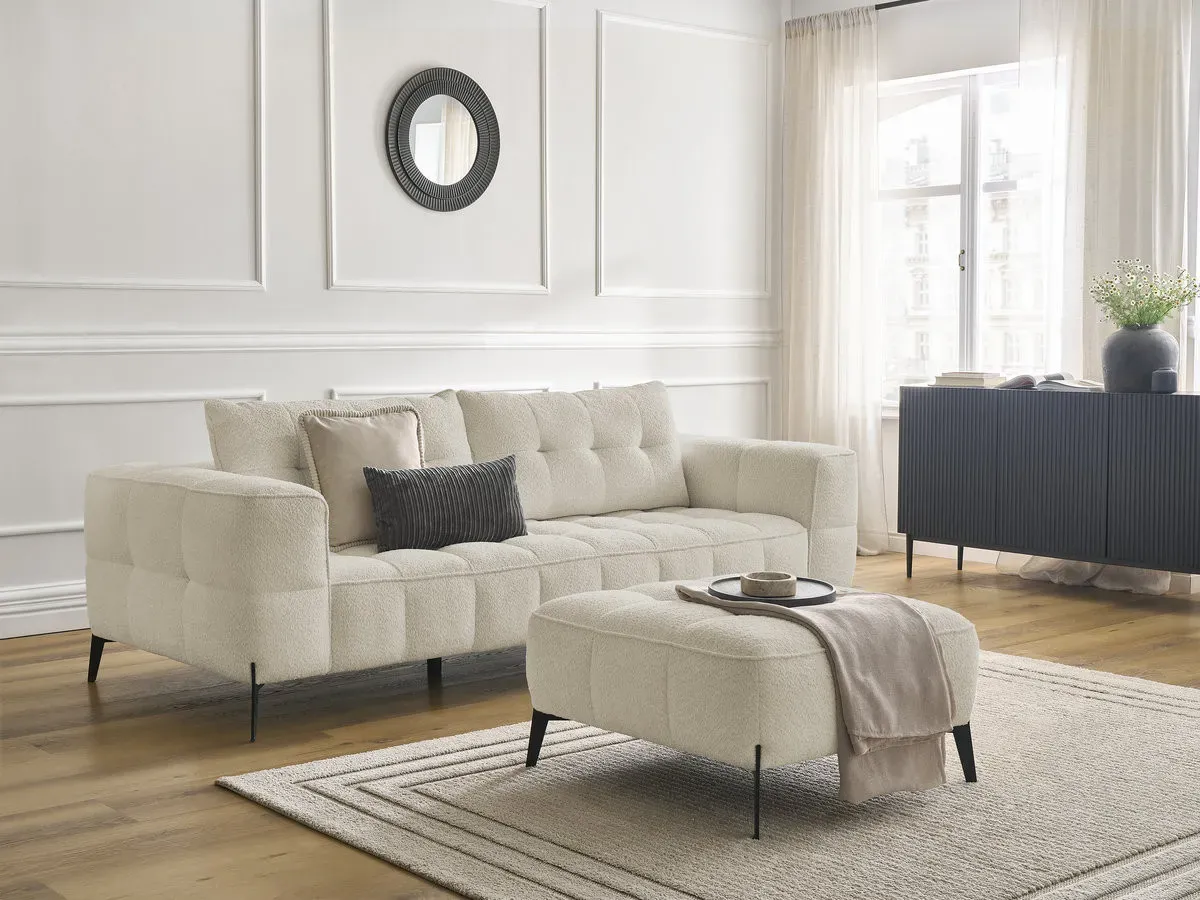 Canapé droit fixe 3 places ANIS tissu bouclette avec pouf beige   BOBOCHIC